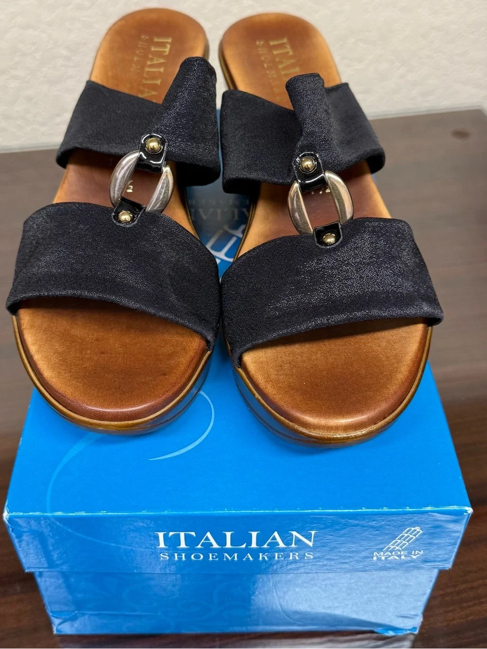 Italian Shoemakers Black and Brown Wedge Sandals